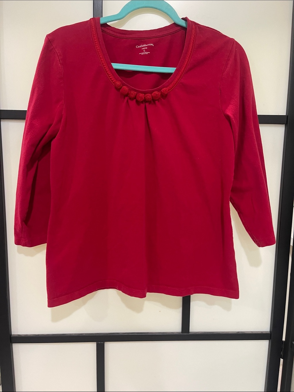croft & barrow Bright Red Scoop-Neck Top with Pom Trim